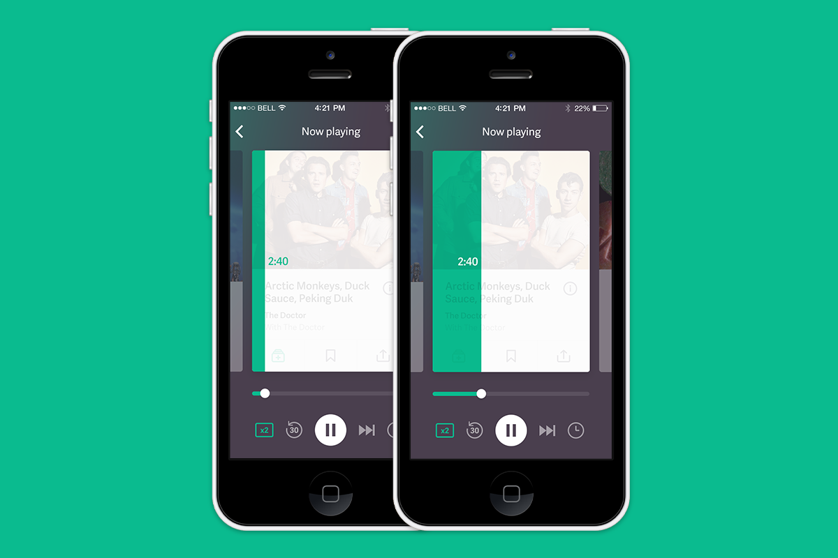 Two smartphones on a green background showing a podcast screen