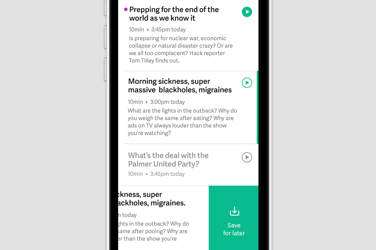 Smartphone screen displaying a list of podcast episodes with titles, times, and brief descriptions.