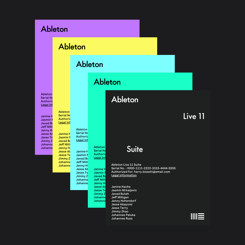 Software about dialogs in various colors with the text 'Ableton' and license details.