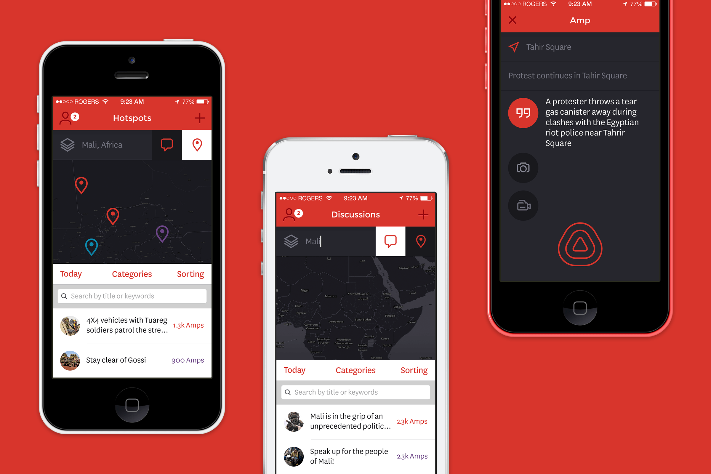 Three smartphones showing a red and dark-themed mobile app