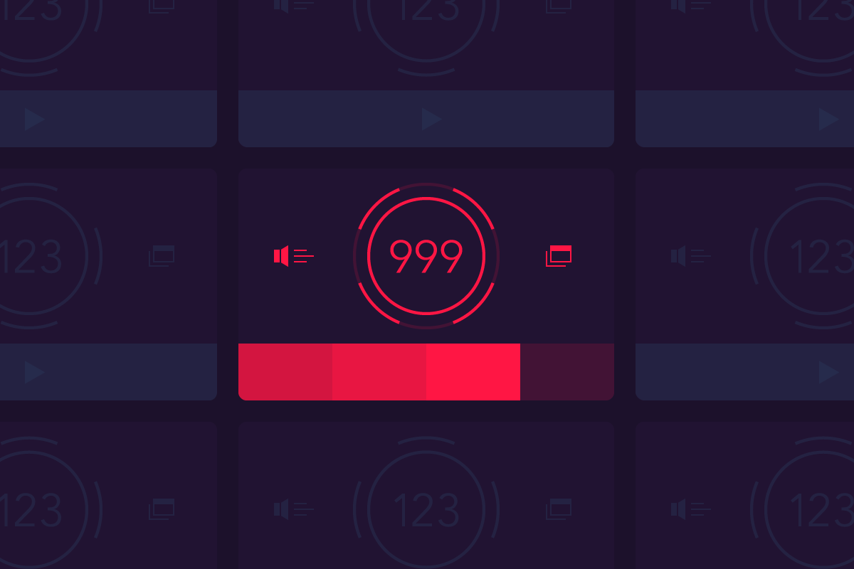 Dark interface with a central red circular display showing the number 999, flanked by volume and window icons, and a red bar at the bottom.