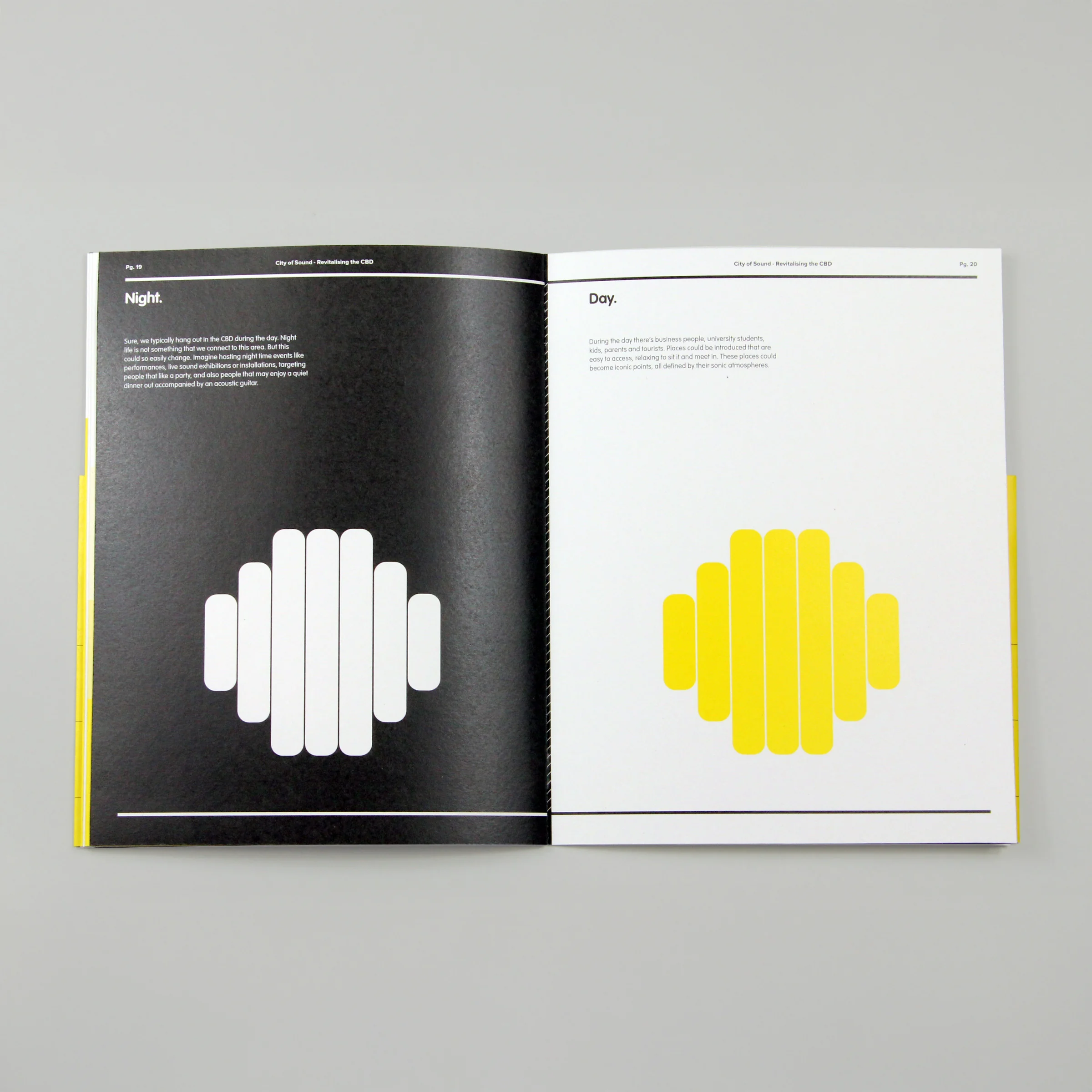 Open booklet with a black left page titled 'Night'