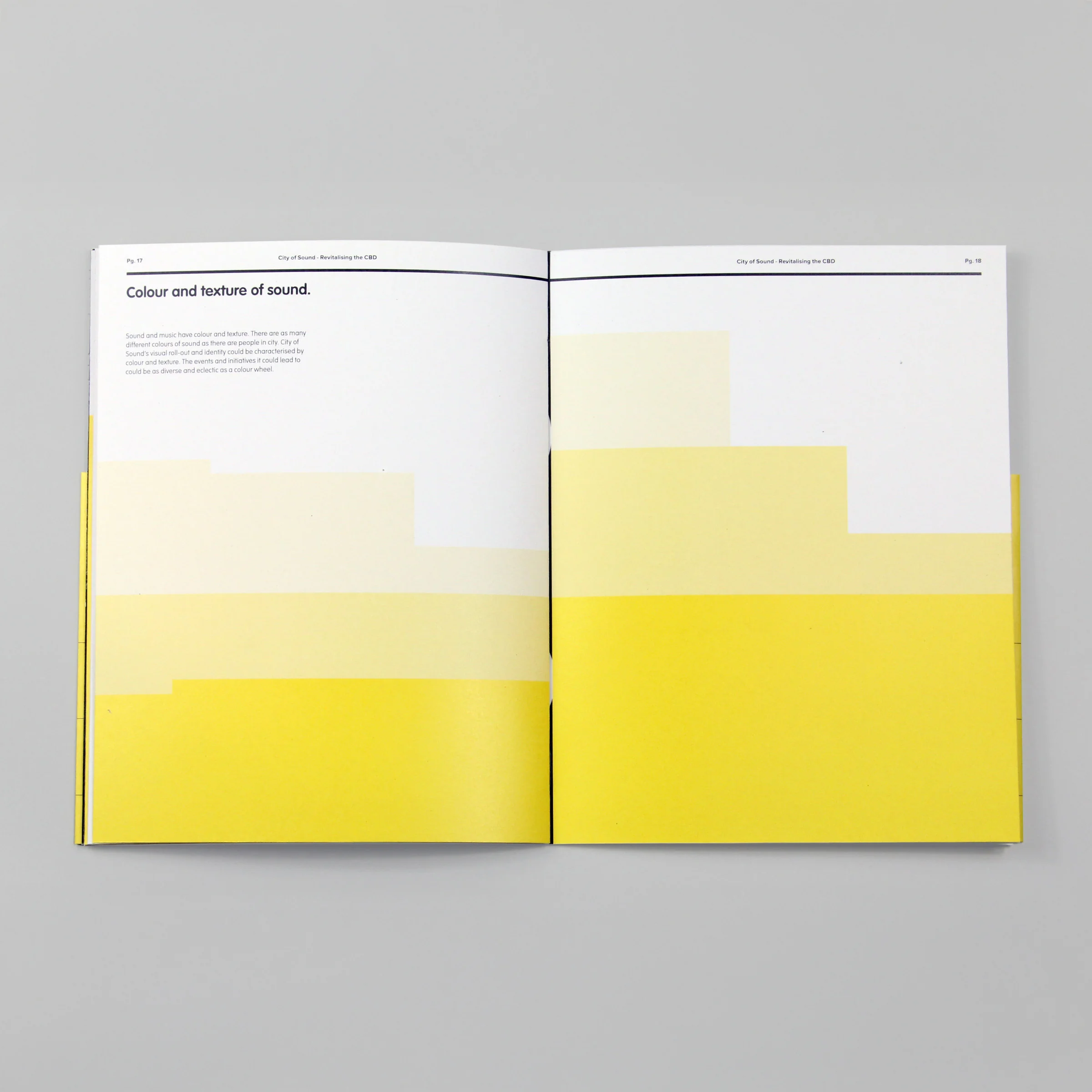 Open booklet with a black left page titled 'Color and texture of sound'