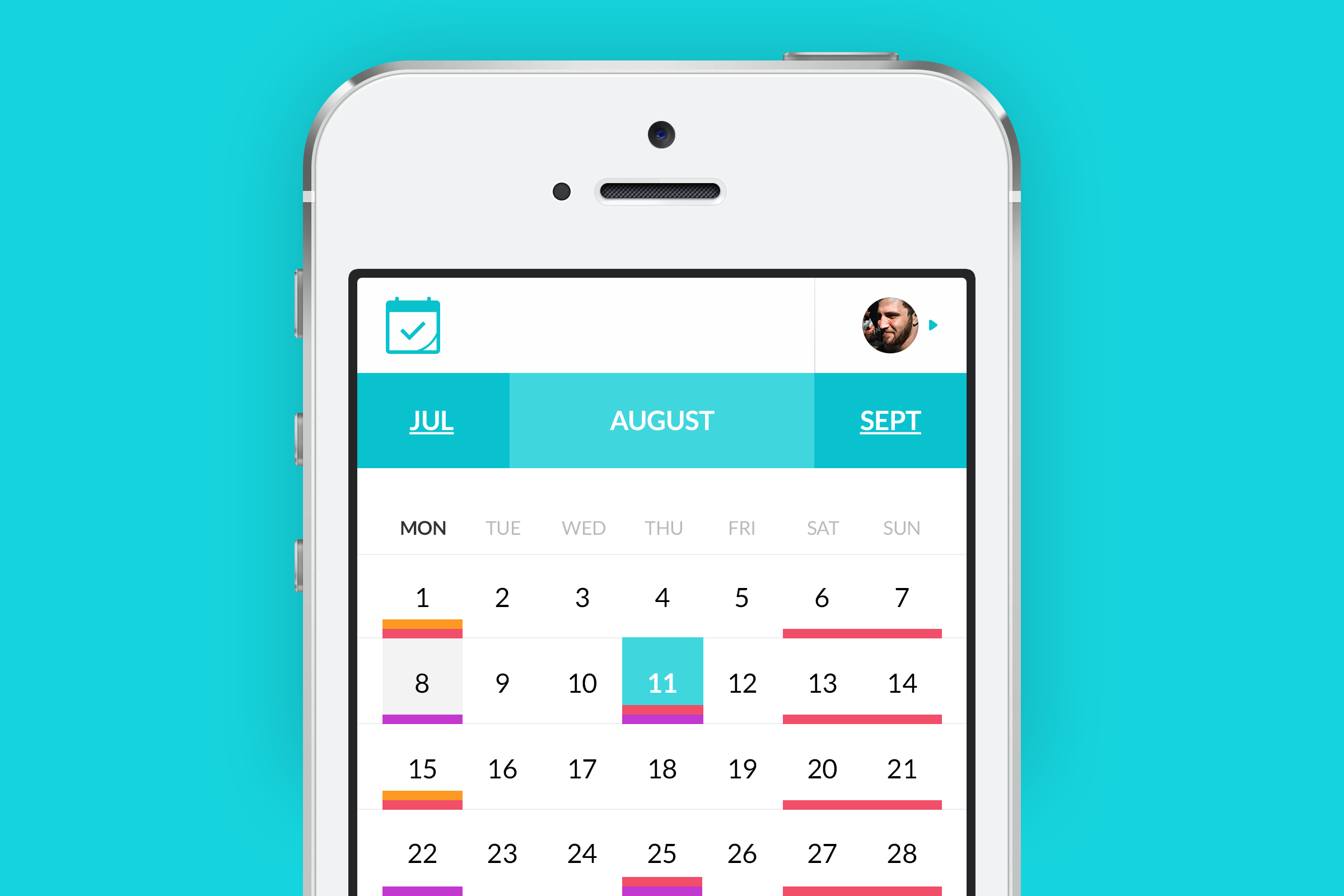 A calendar app displayed on a white smartphone against a turquoise background