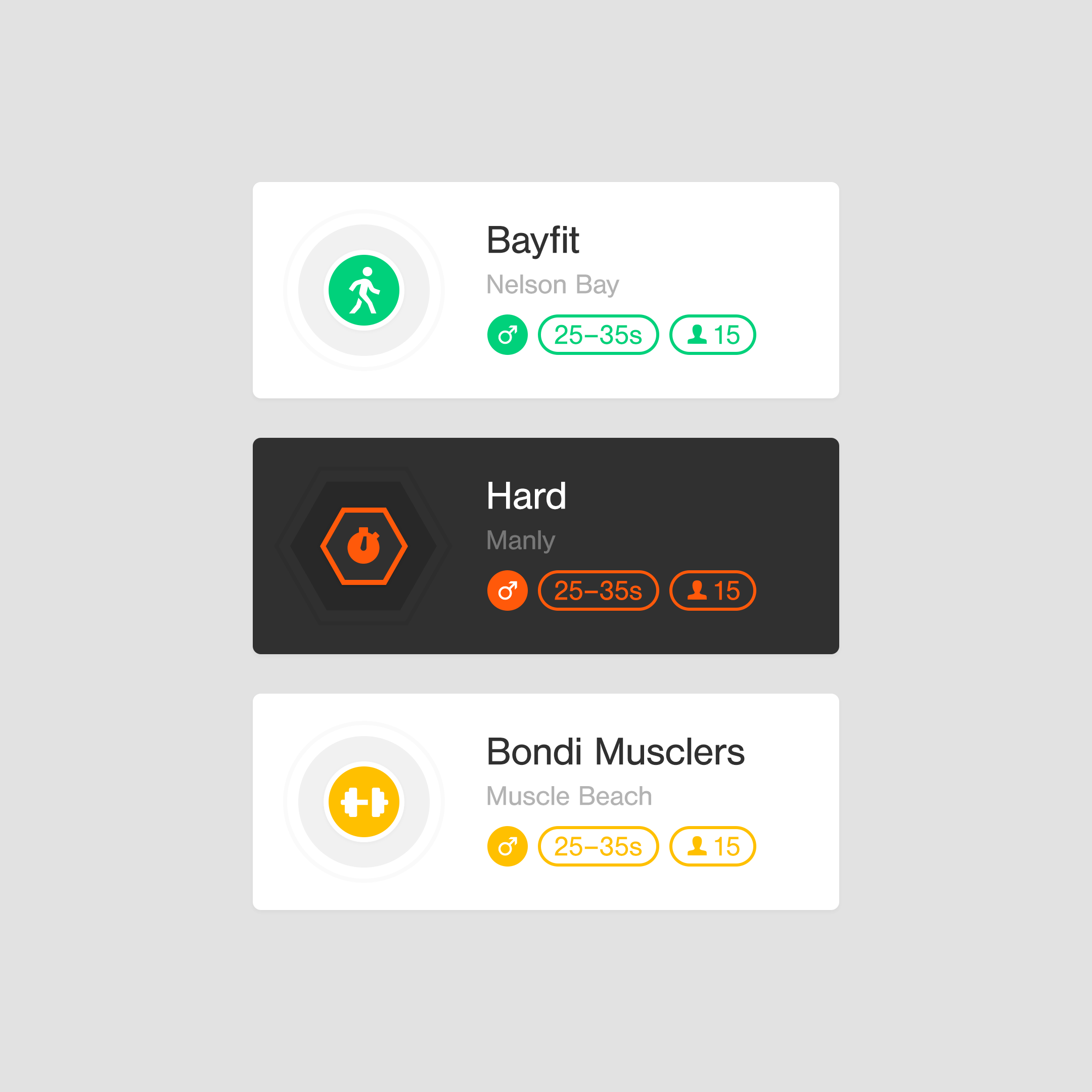 Three horizontal cards showing different workout categories