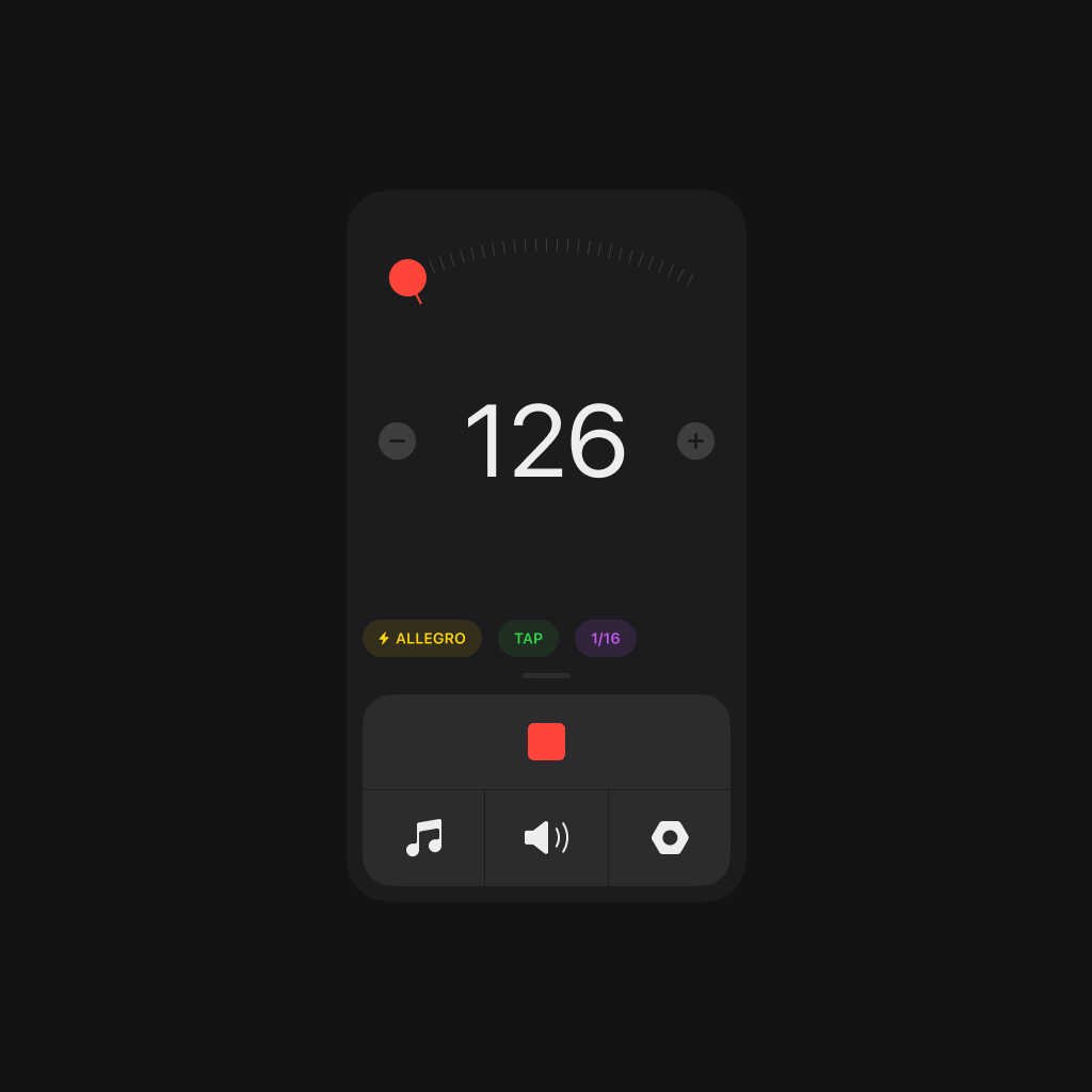 A metronome app showing a tempo of 126 beats per minute