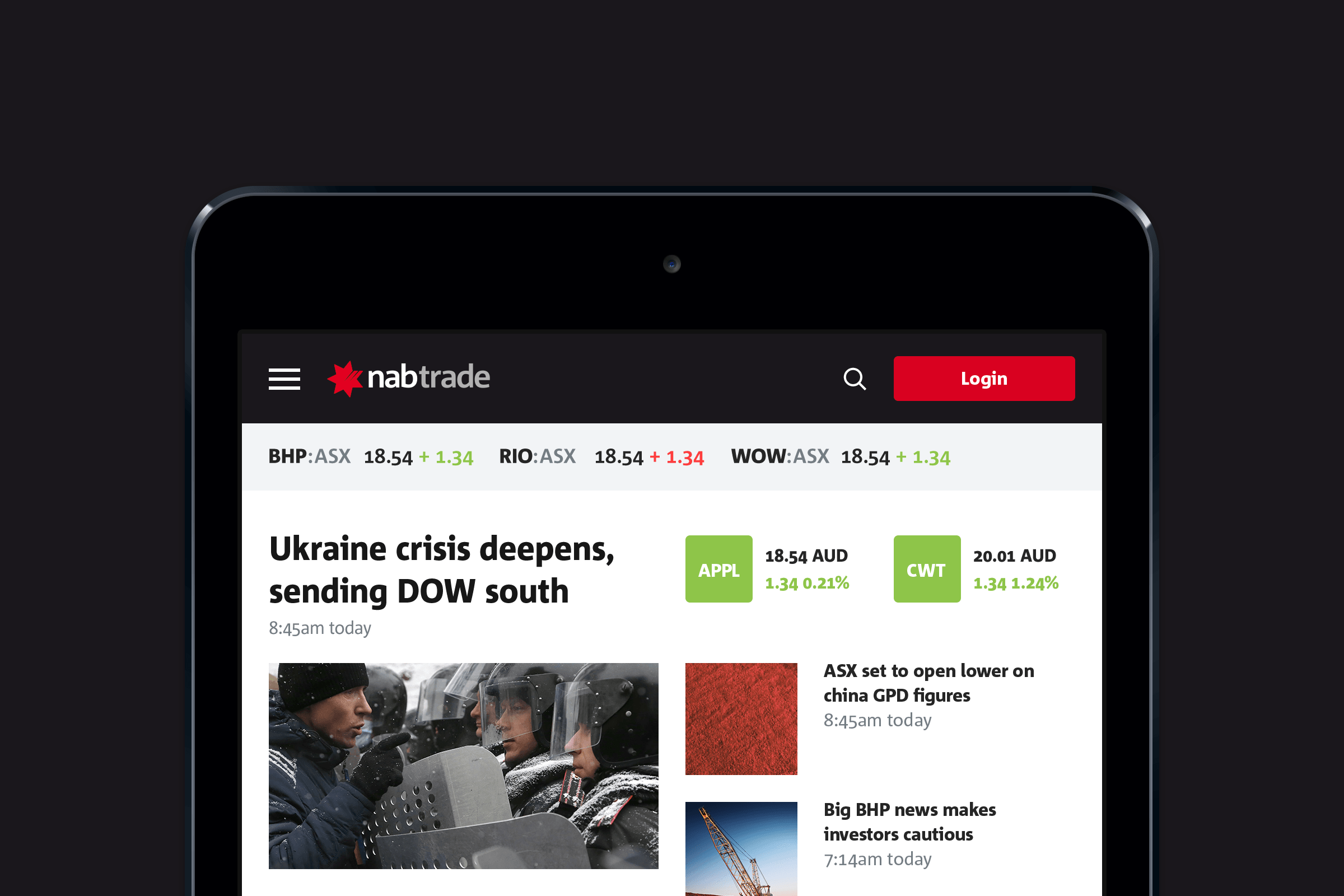 Tablet screen showing a financial news and stock trading interface