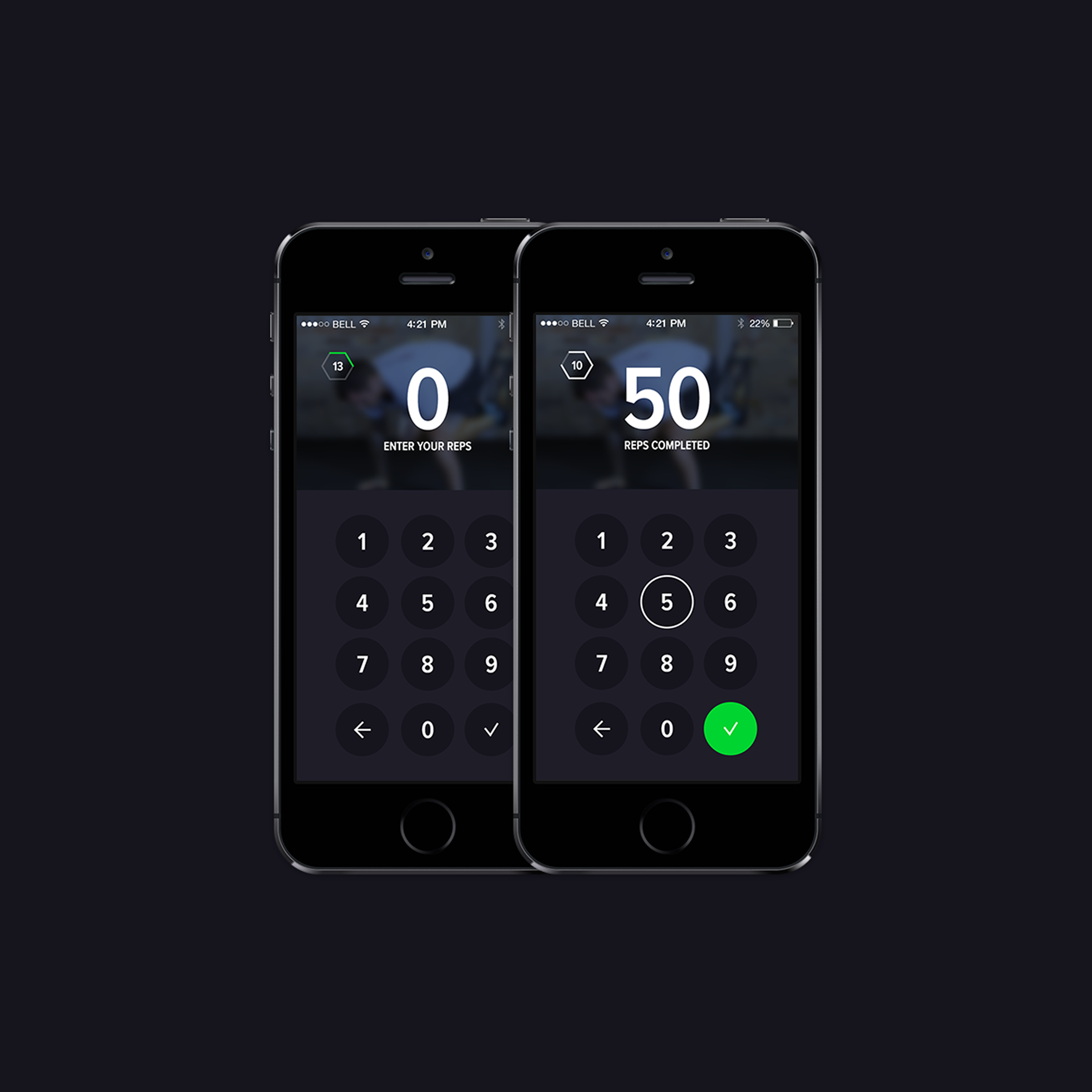 Smartphone screens displaying a workout tracking app