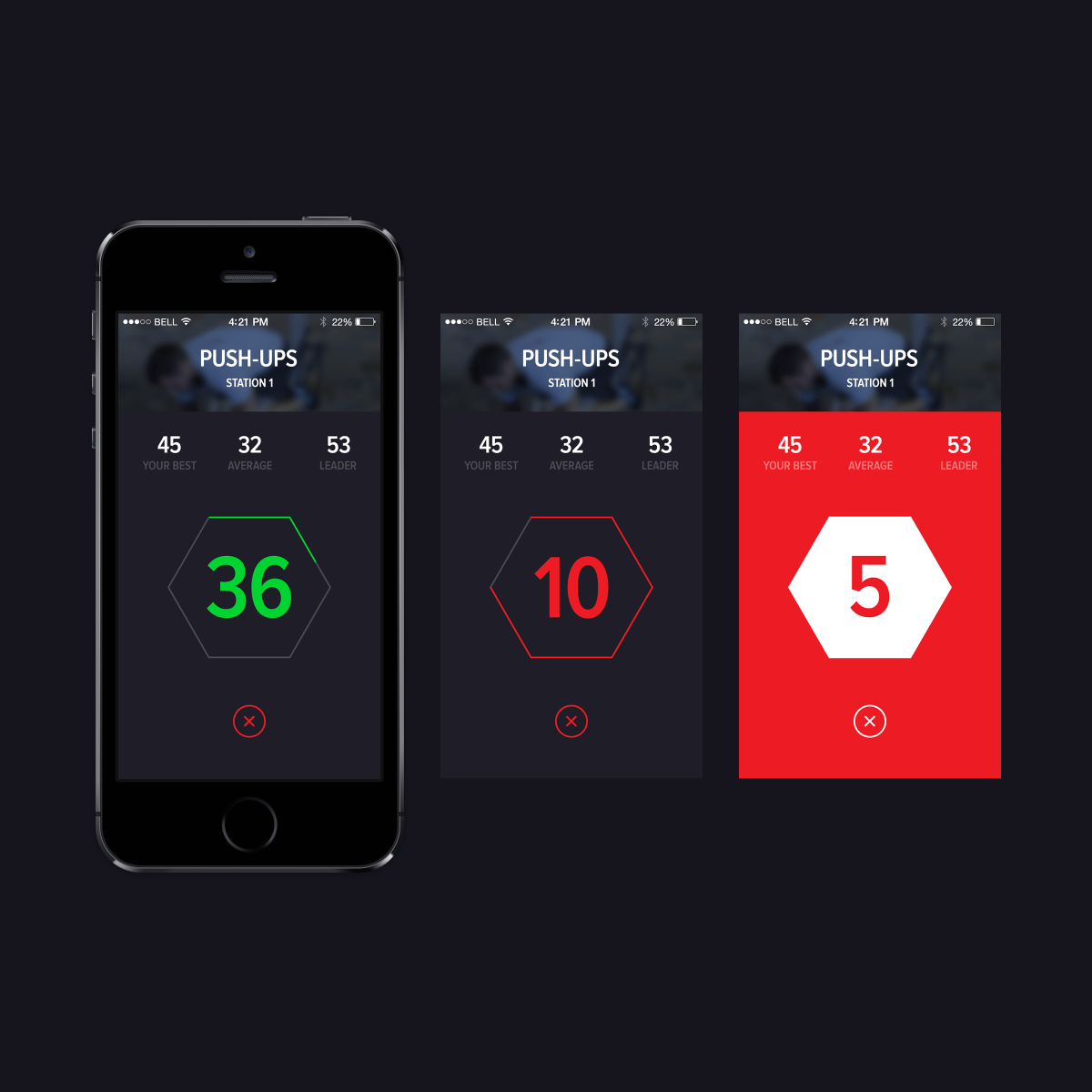Three smartphone screens displaying different states of a workout tracking app.