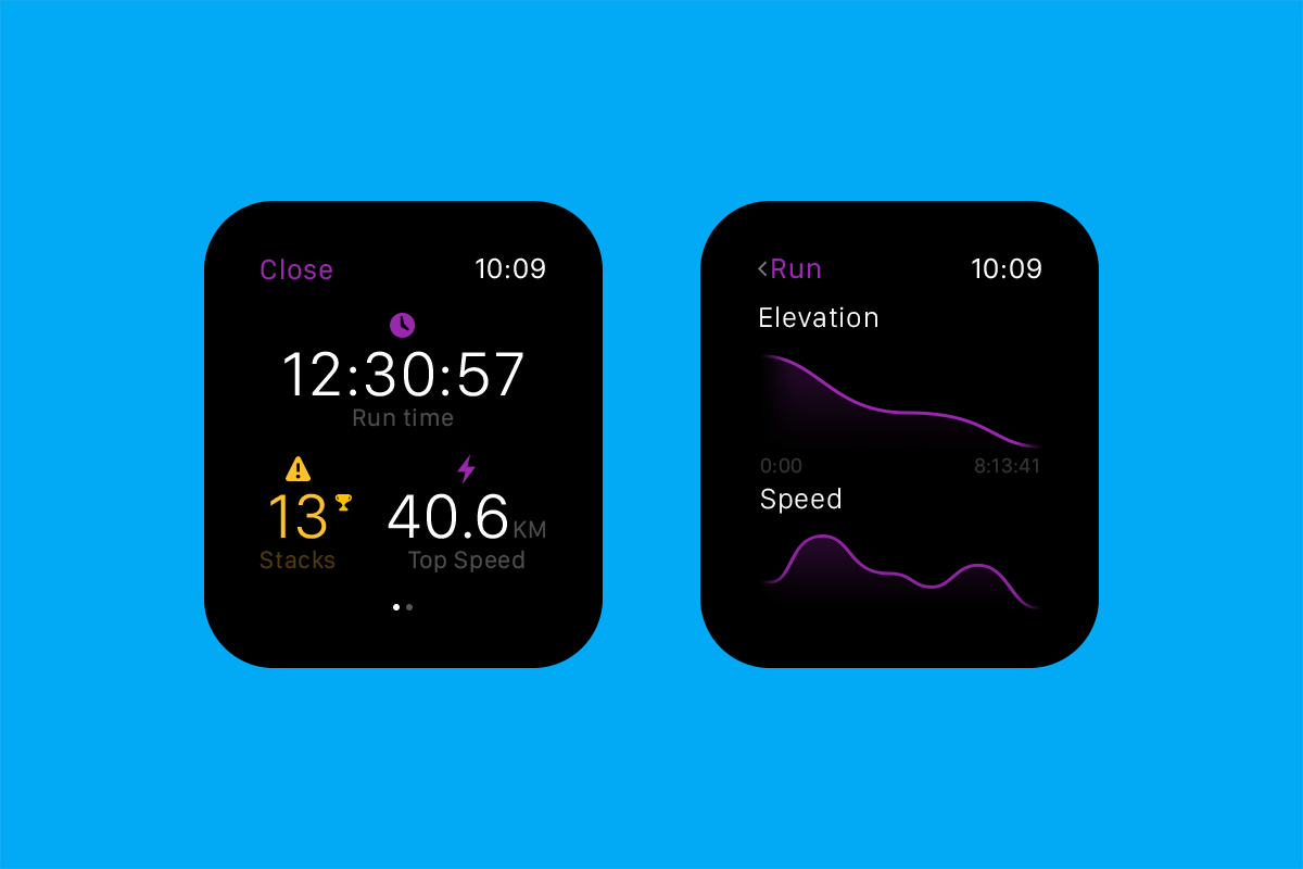 Two smartwatch screens on a blue background. The left screen shows run time, stacks, and top speed. The right screen displays elevation and speed graphs.