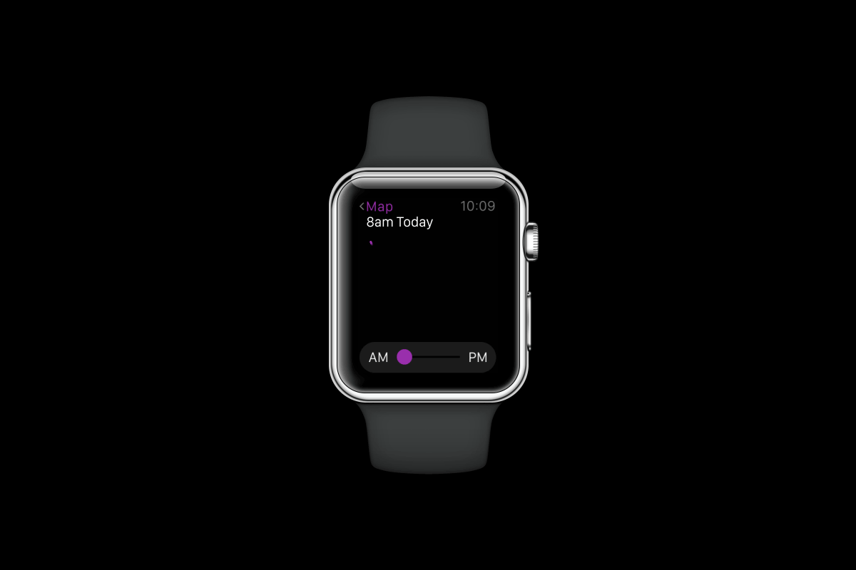 A dark-themed smartwatch interface showing a map utility with a purple AM/PM toggle slider